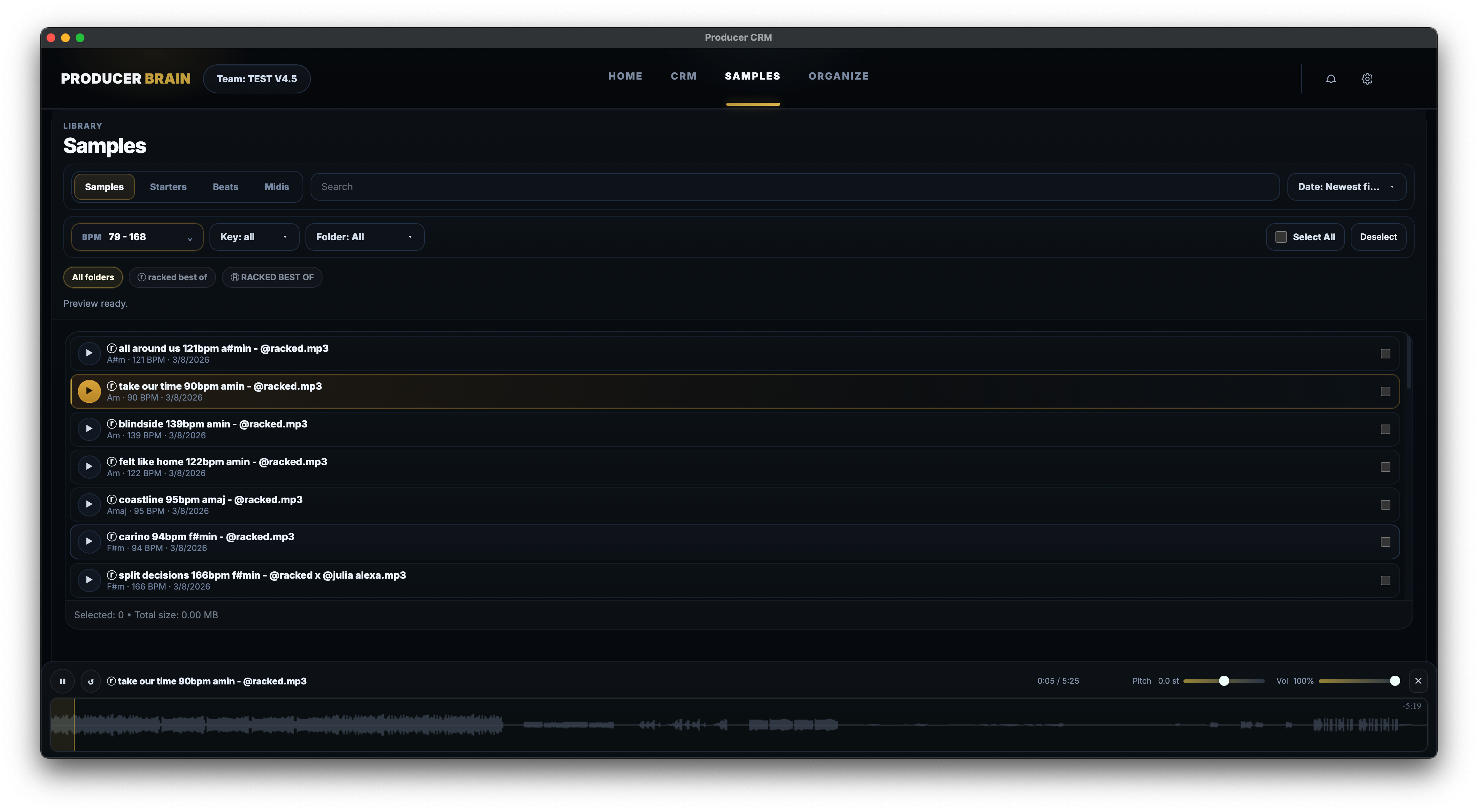 Producer Brain Sample Library – waveform preview with BPM/key filter and Dropbox sync